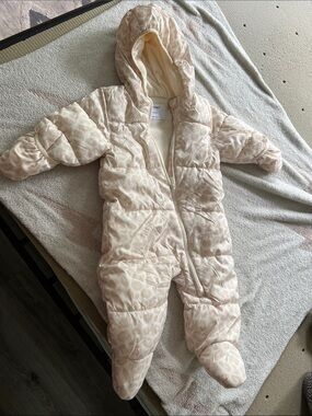 Old Navy Cream and Light Pink Leopard Print Puffer Snowsuit
